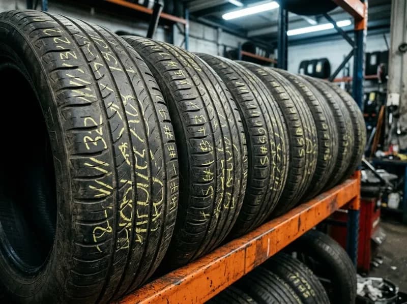 Pneus semi-novos em prateleiras laranja, medidas marcadas a amarelo
