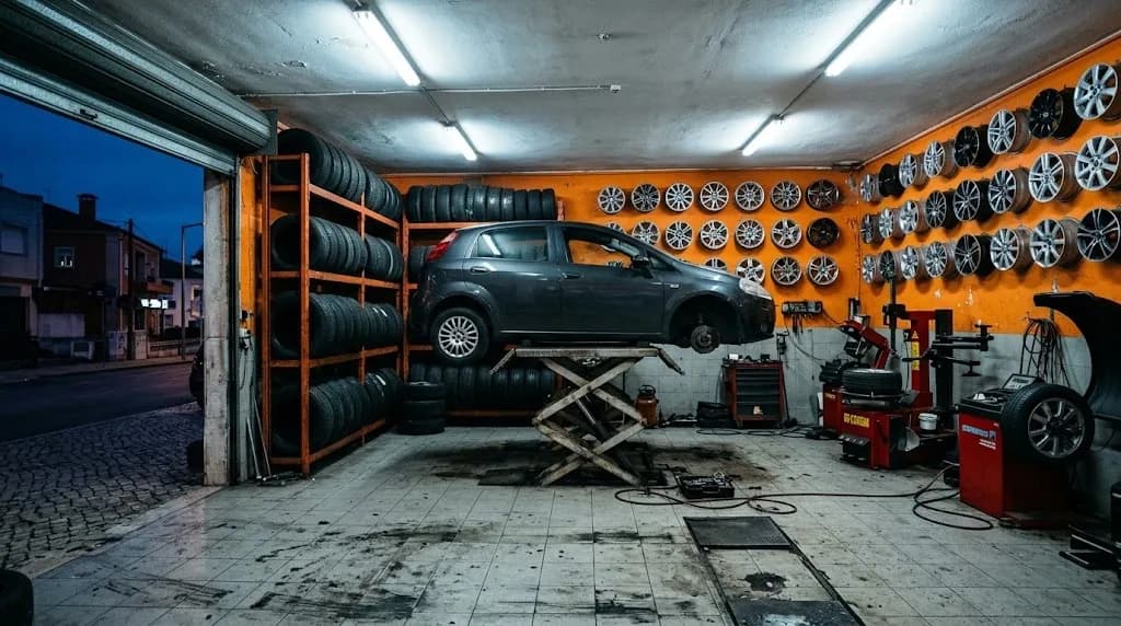 Oficina de pneus com paredes laranja, jantes em exposição e um carro no elevador